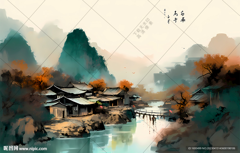 江南水乡水墨山水画