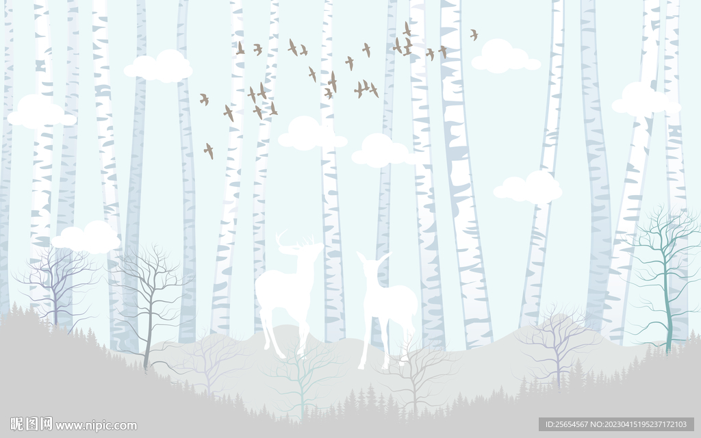 小清新树林麋鹿飞鸟儿童房背景墙