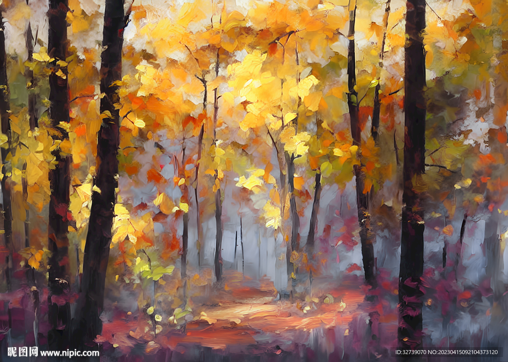油画 树林里的秋天