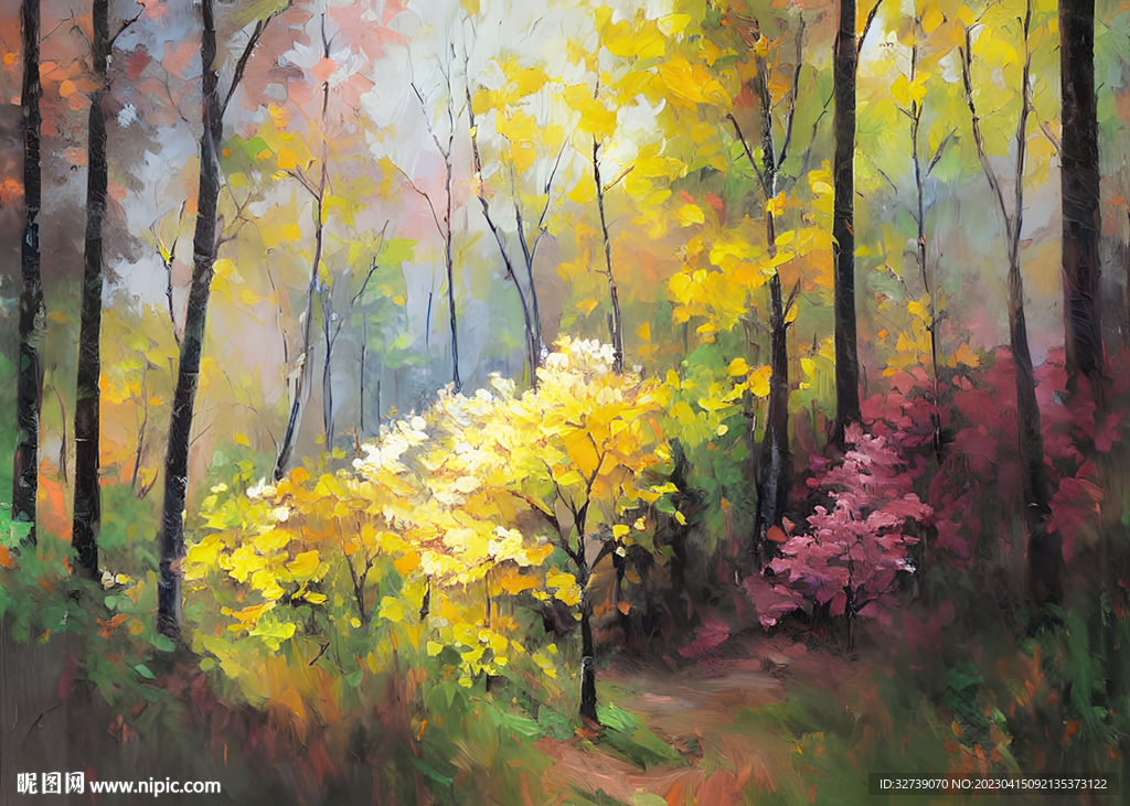 油画 树林里的秋天