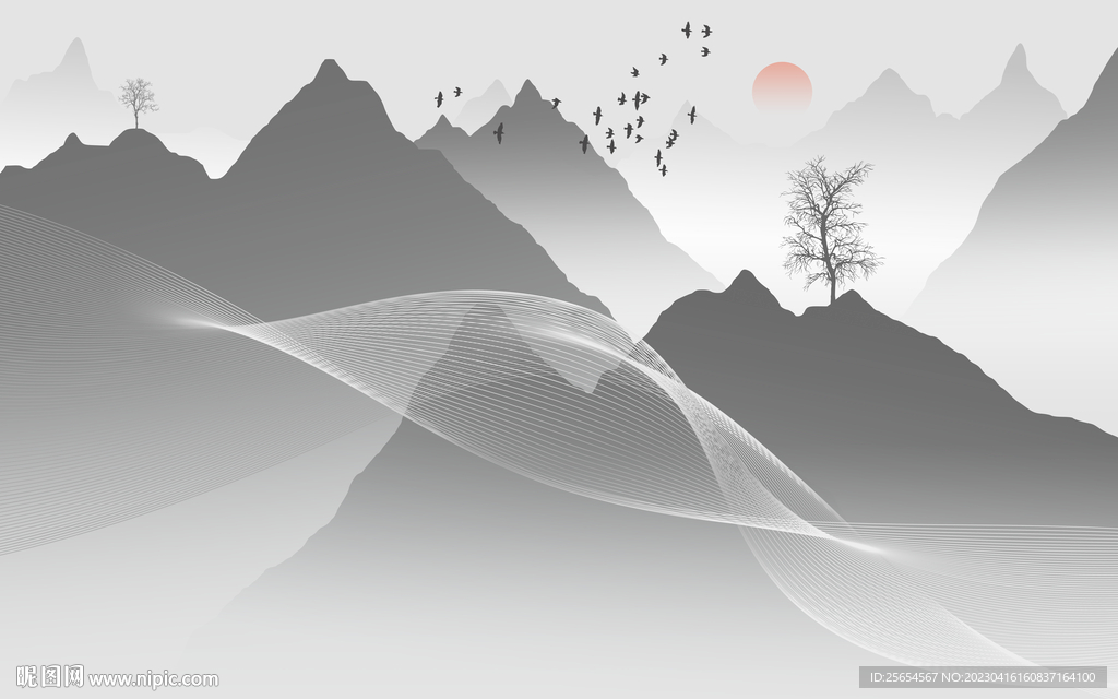 线条山水简约山水壁画电视背景墙