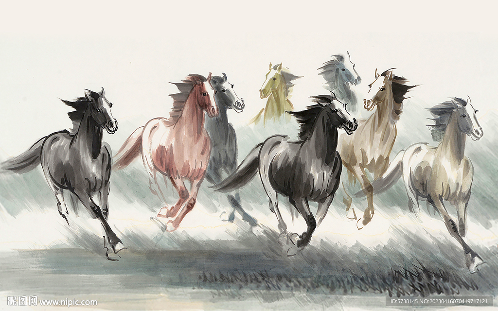 合层骏马水墨画装饰画背景素材