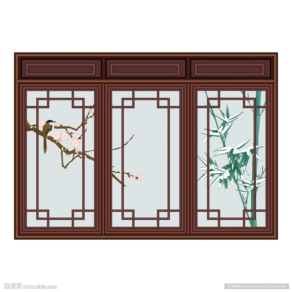 矢量图长方形中式窗棱门窗梅花竹