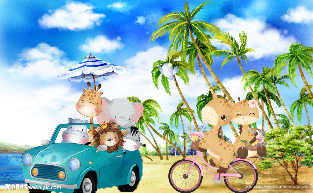 卡通沙滩动物背景墙