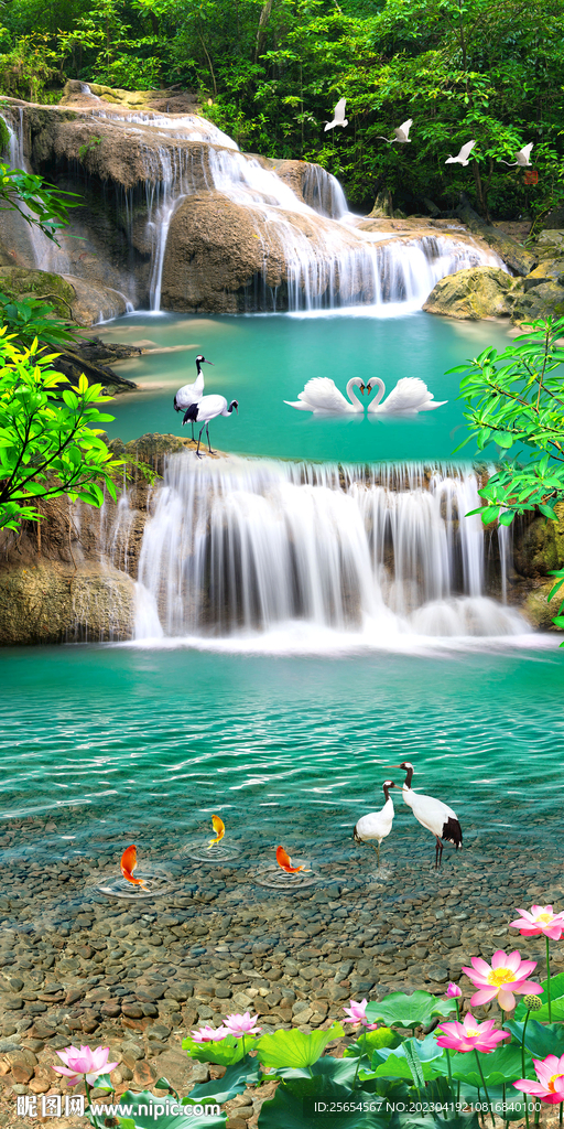 流水生财瀑布鲤鱼荷花玄关