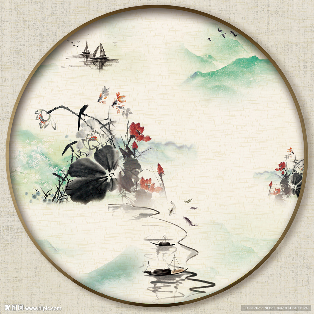 圆形山水花鸟图