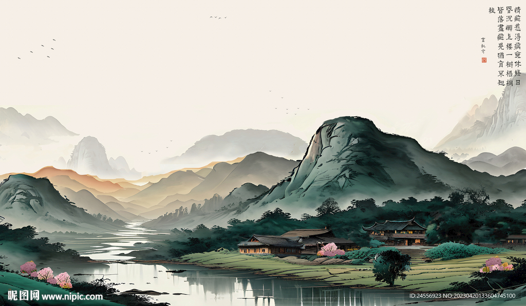 江南水乡水墨山水画