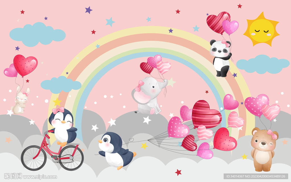 卡通企鹅粉色背景墙