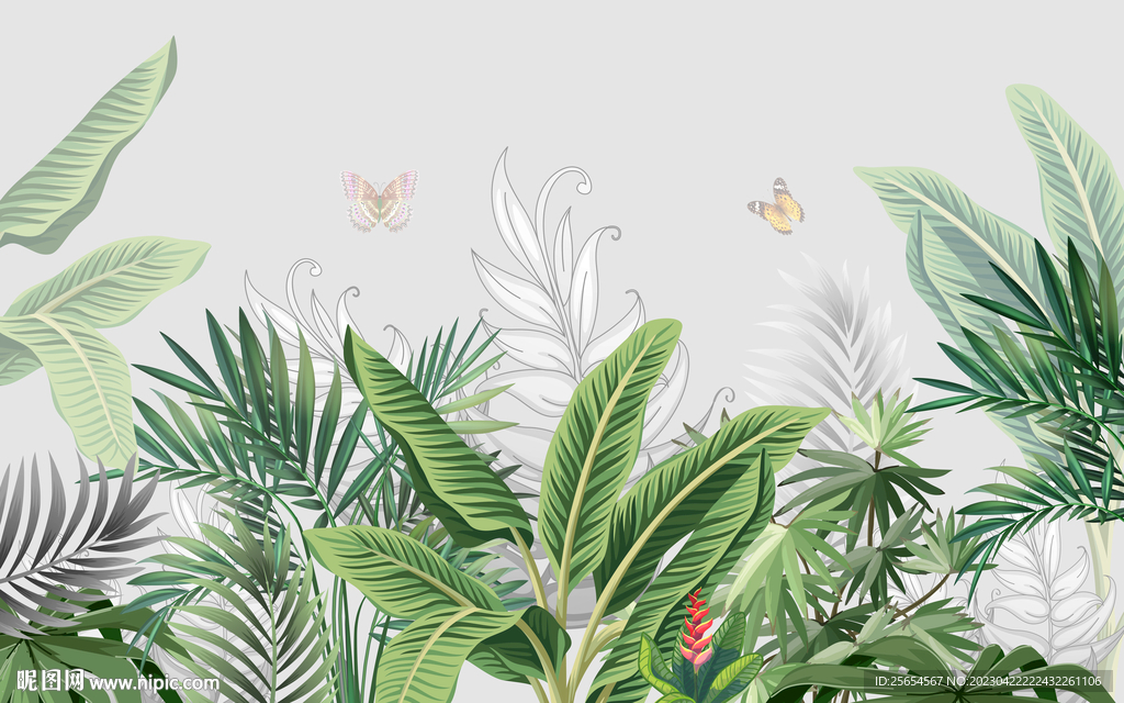 热带植物芭蕉叶棕榈叶室内背景墙