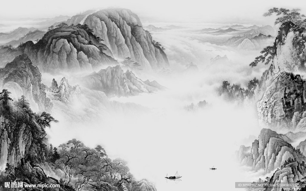 新品 高雅灰色山水 tif分层