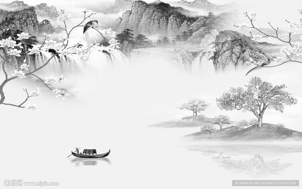 高清 高雅灰色山水 tif分层