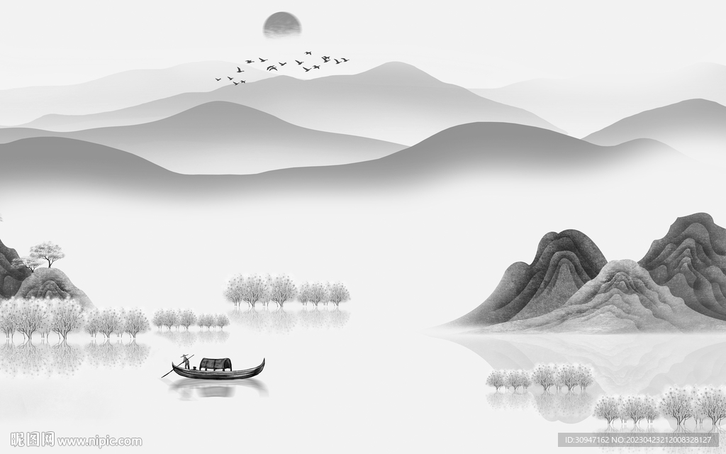 高档 高雅灰色山水 tif分层