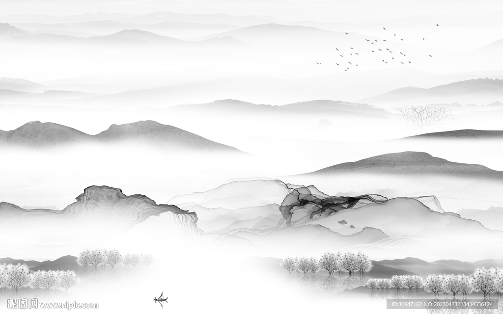 爆款 意境灰色山水 Tif分层