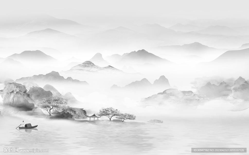 现代 高雅灰色山水 tif分层