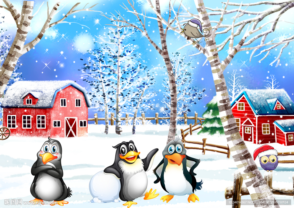 卡通企鹅雪景冬天
