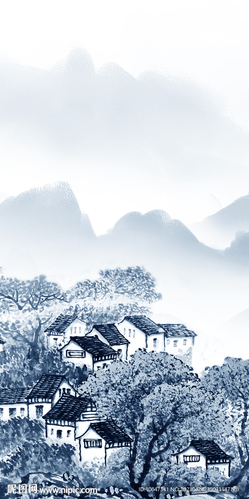 蓝色 山水玄关墙画 TIF分层