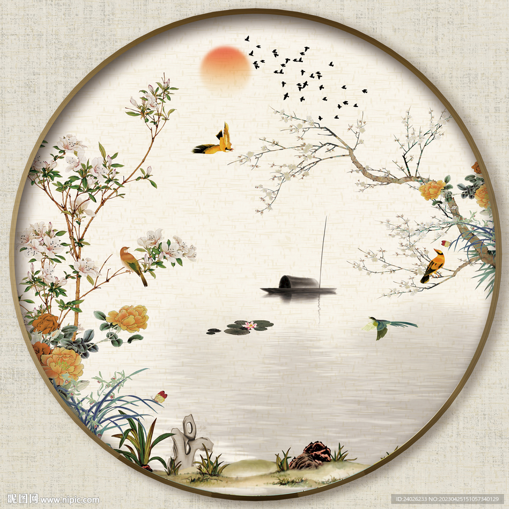 圆形中式花鸟画