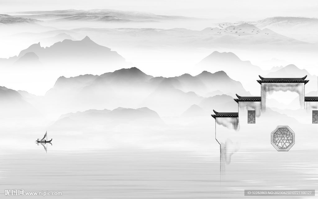 爆款 高档灰山水画 tIF分层