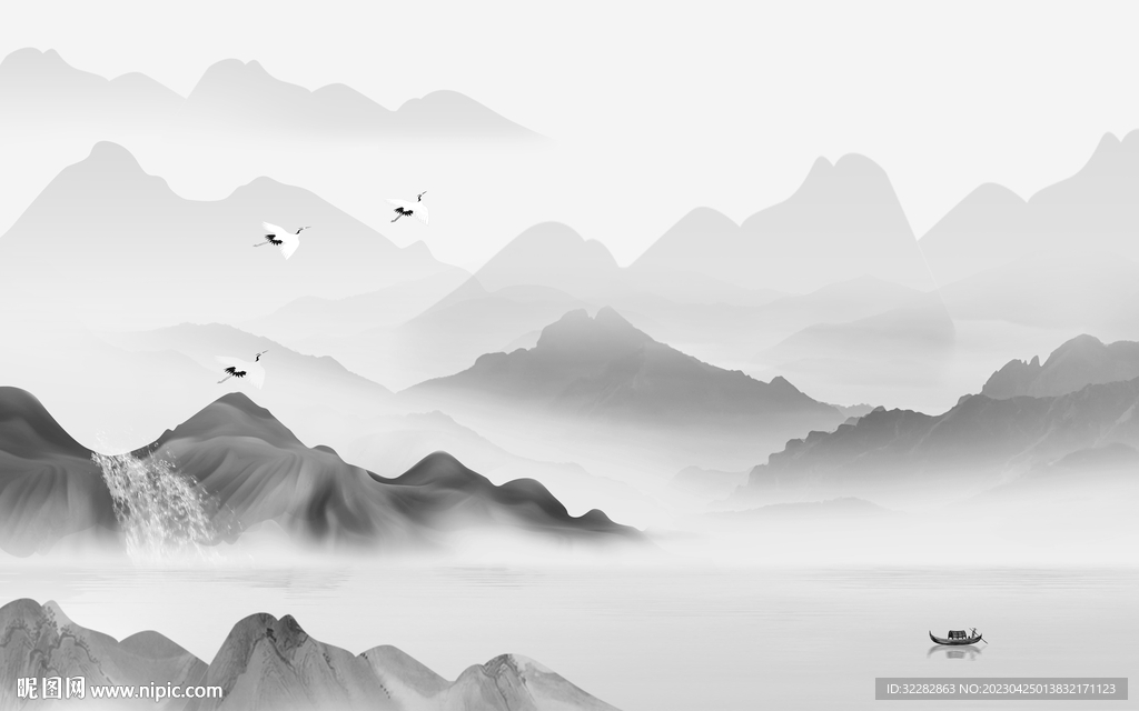 爆款 客厅灰山水画 tIF分层