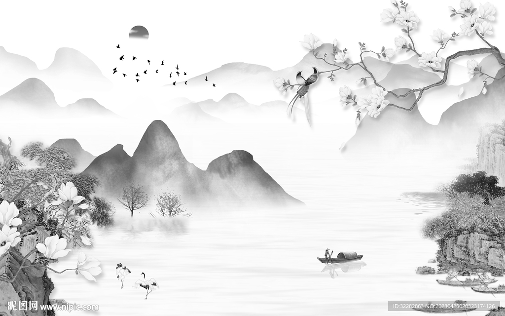 高档 客厅灰山水画 tIF分层