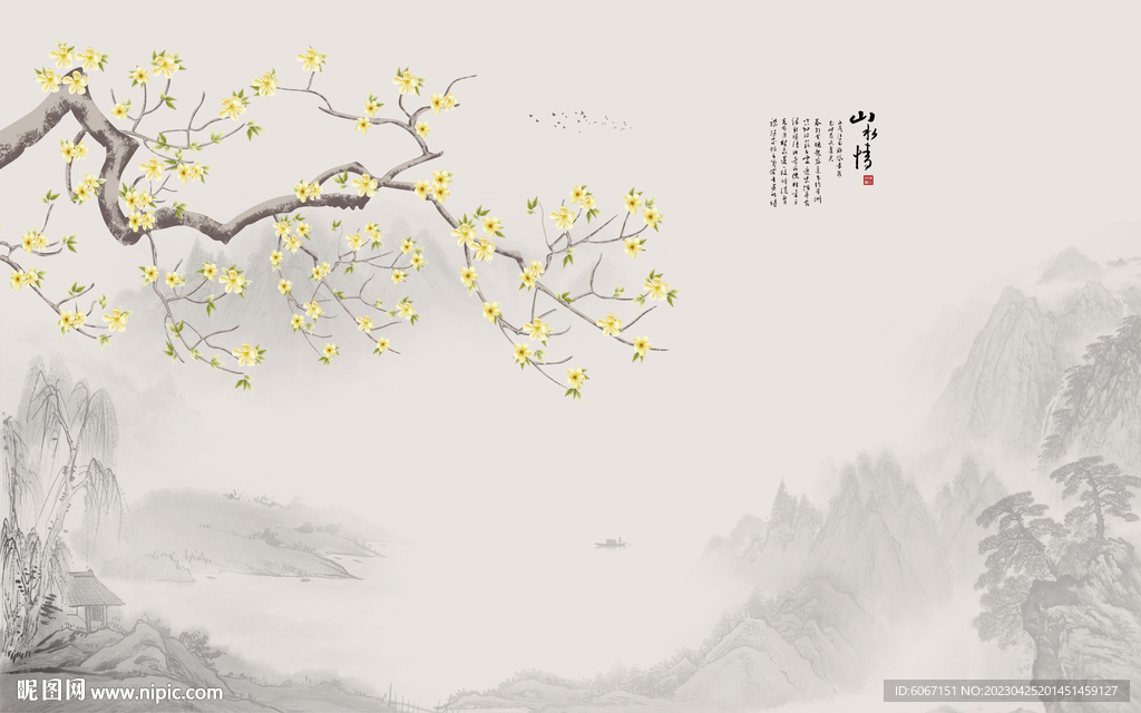 中式工笔花鸟画电视背景墙