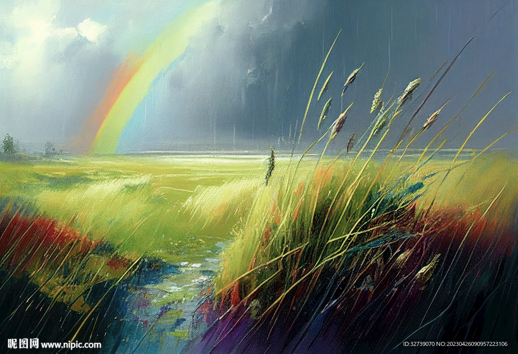 当代油画 草原上的彩虹