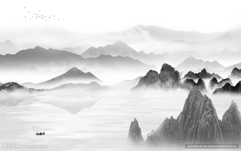 最新 意境灰色山水 TIF分层