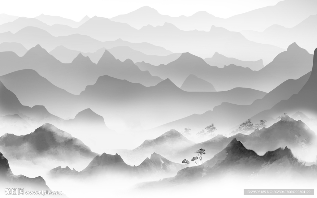 爆款 客厅灰色山水 TIF分层