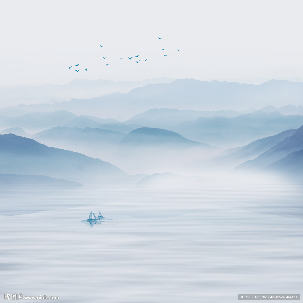 别墅新中式客厅山水画背景墙