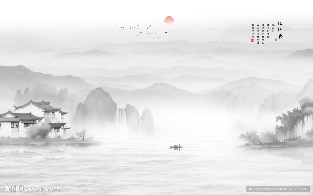 水墨江南水乡背景墙