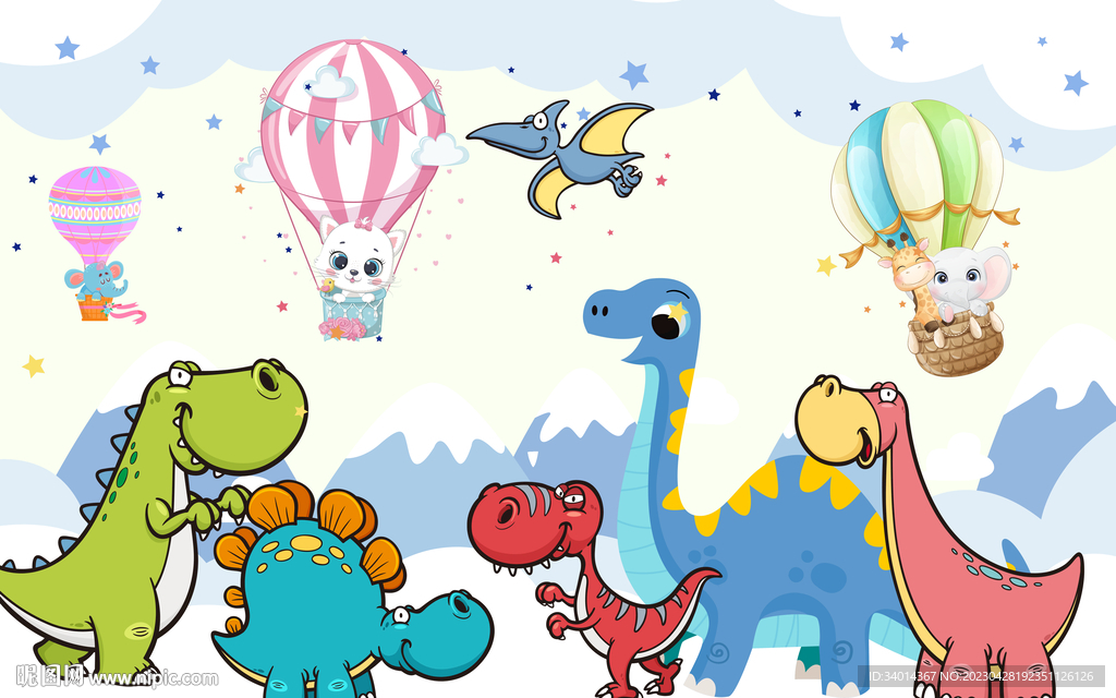 卡通恐龙儿童房背景墙