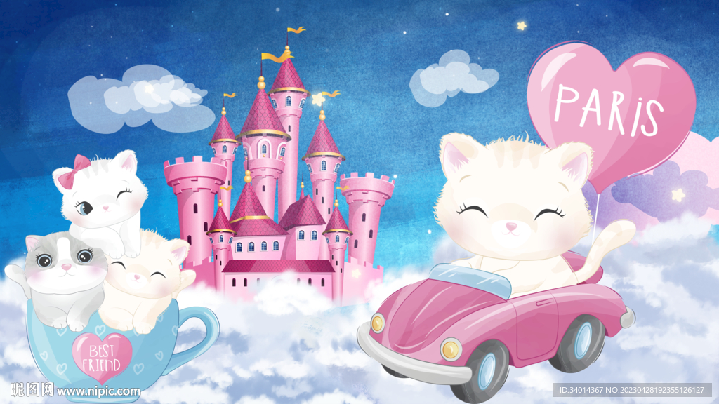 卡通城堡猫背景墙