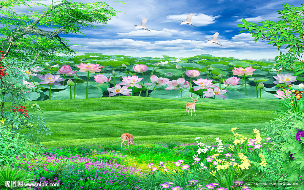 唯美草地荷花风景画电视背景墙
