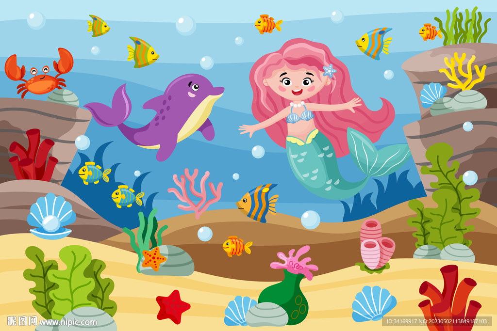 可爱美人鱼卡通海豚海底动物背景