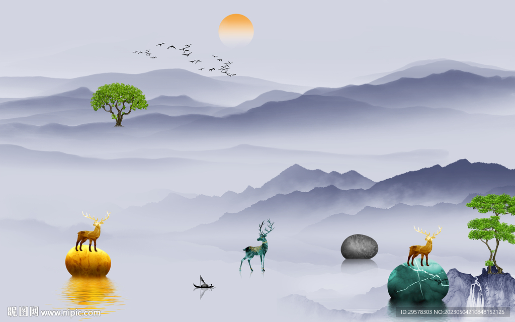 简约 中式背景山水 TIf分层