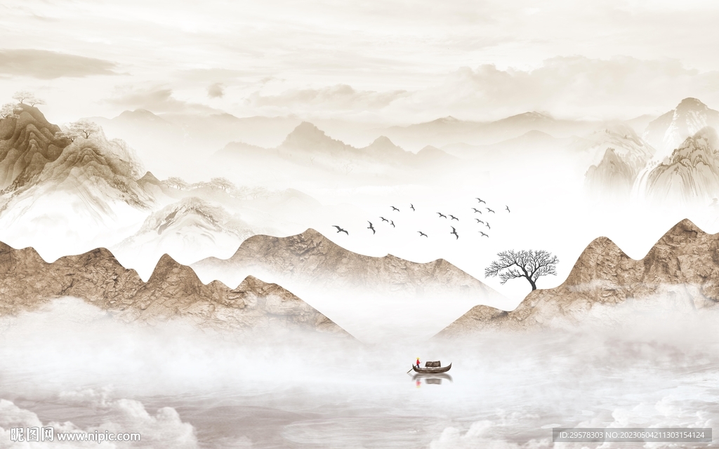 爆款 中式背景山水 TIf分层