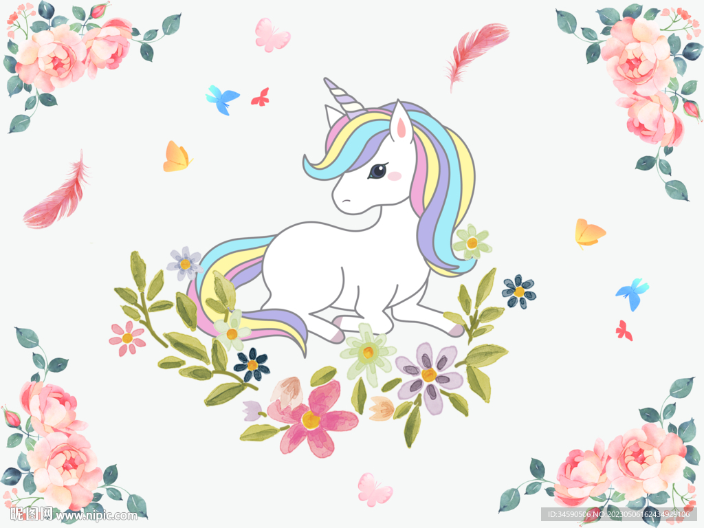 花朵背景的彩虹独角兽