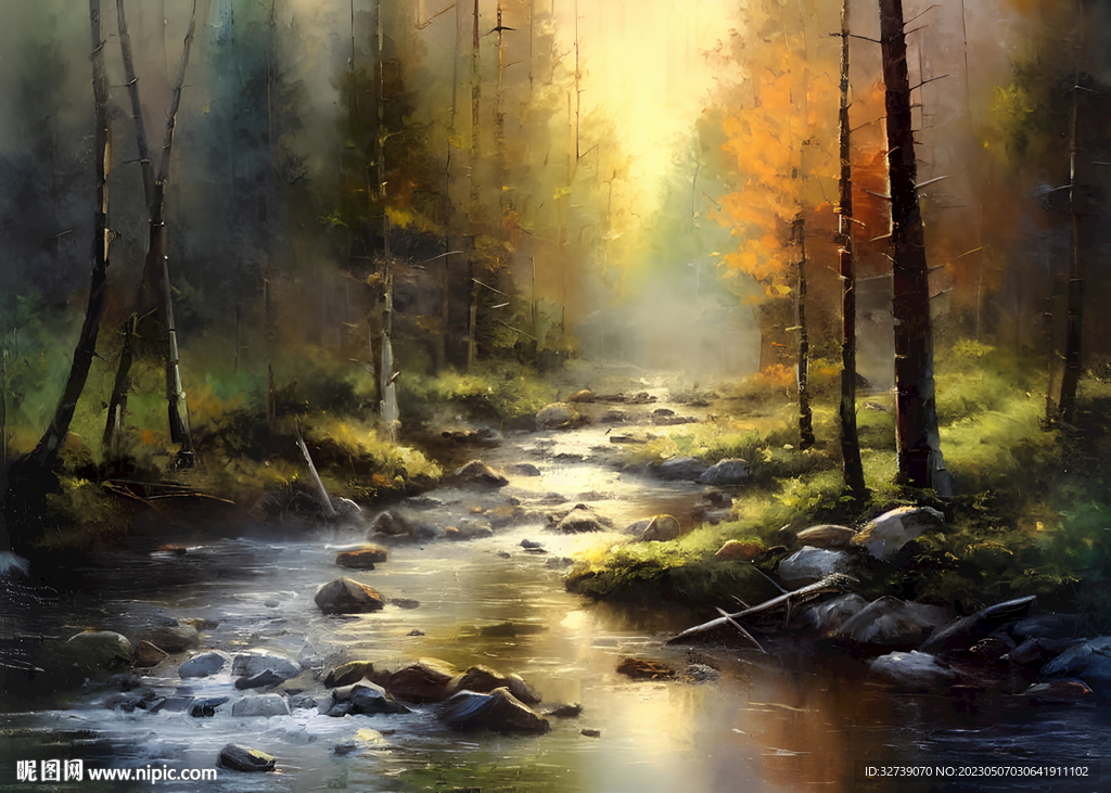 当代油画 林间溪流