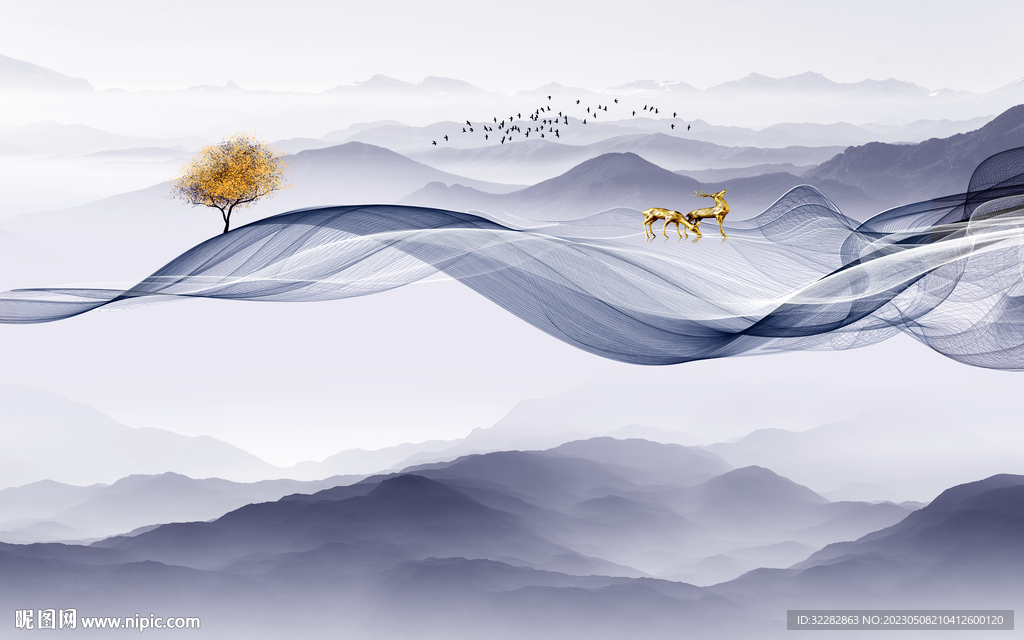 客厅 中式背景山水 tIf分层