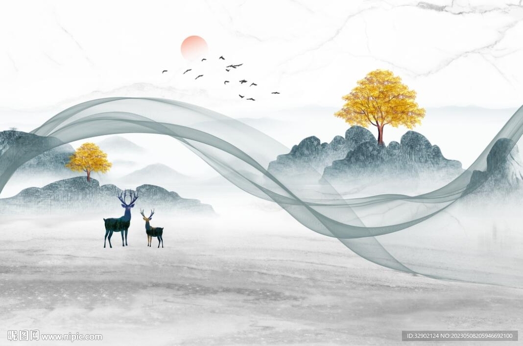 新中式曲线山水电视背景墙