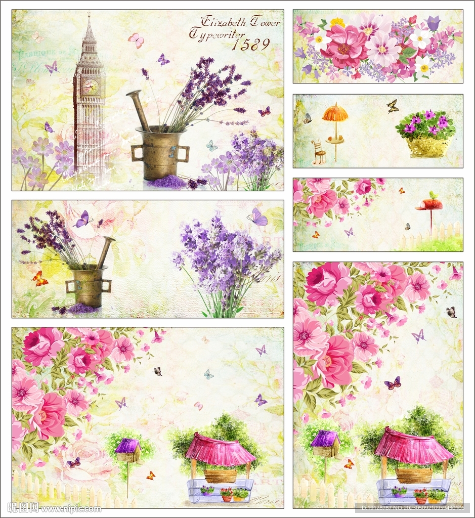 小清新包装 薰衣草 手绘插花