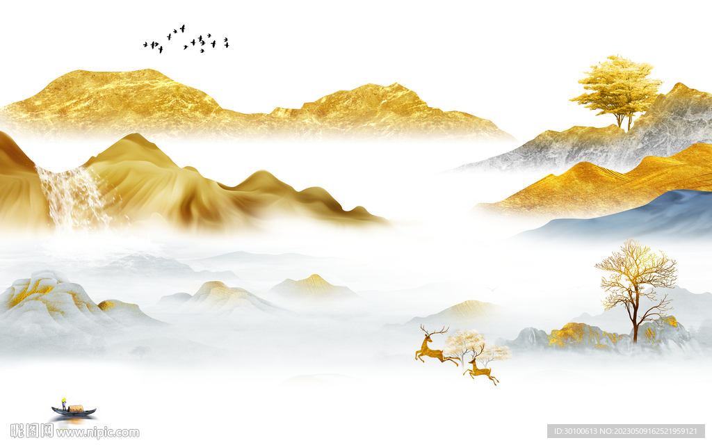 金色 中式客厅山水 Tif分层