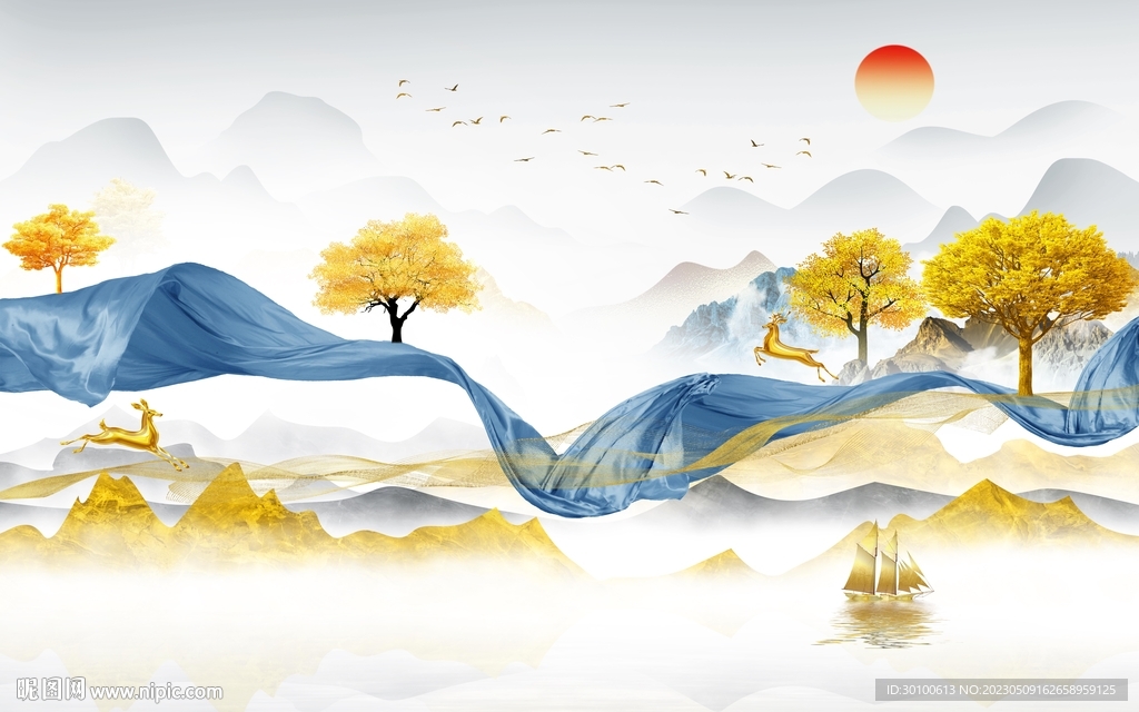 高清 中式客厅山水 Tif分层