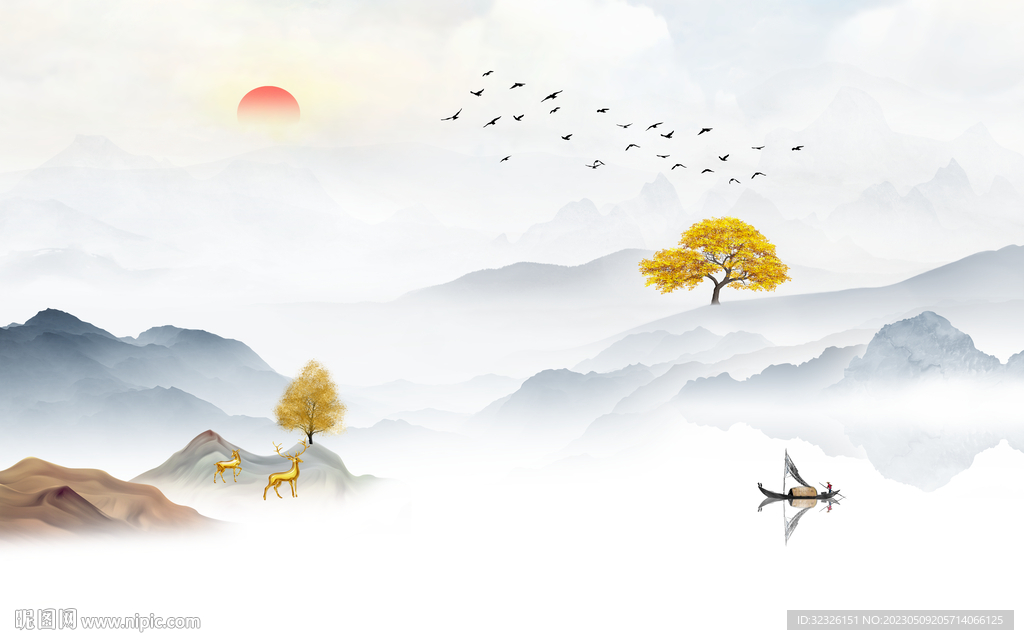 最新 中式背景山水 tif分层