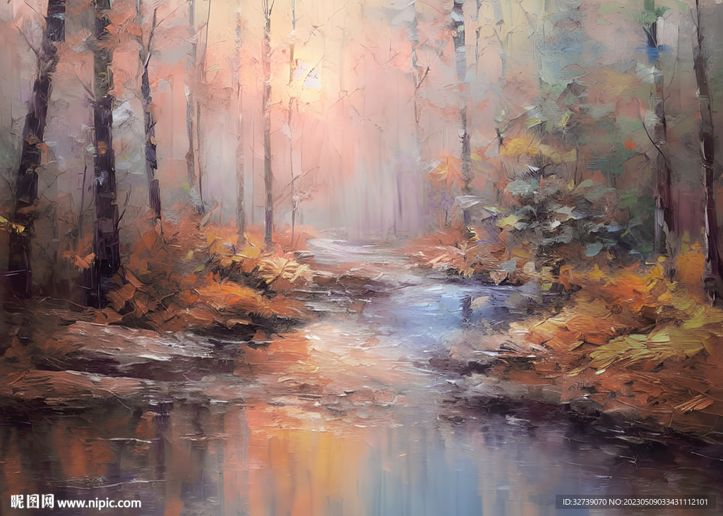 当代油画 林间溪流