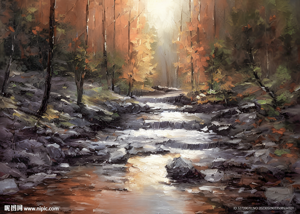 当代油画 林间溪流