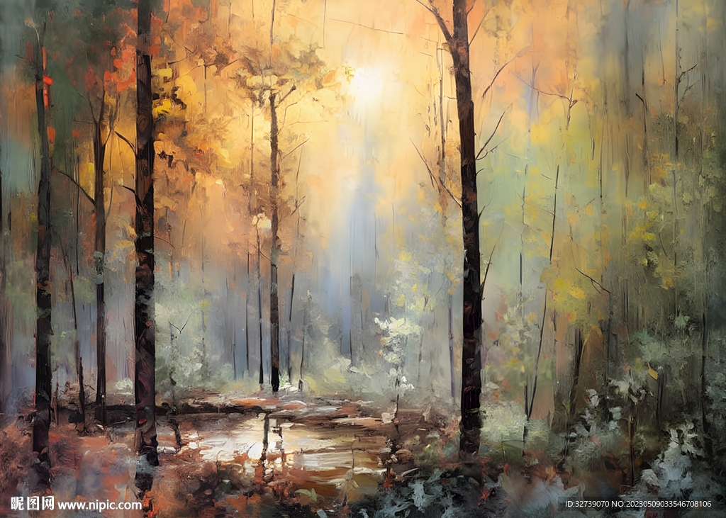 当代油画 林子里的光与色