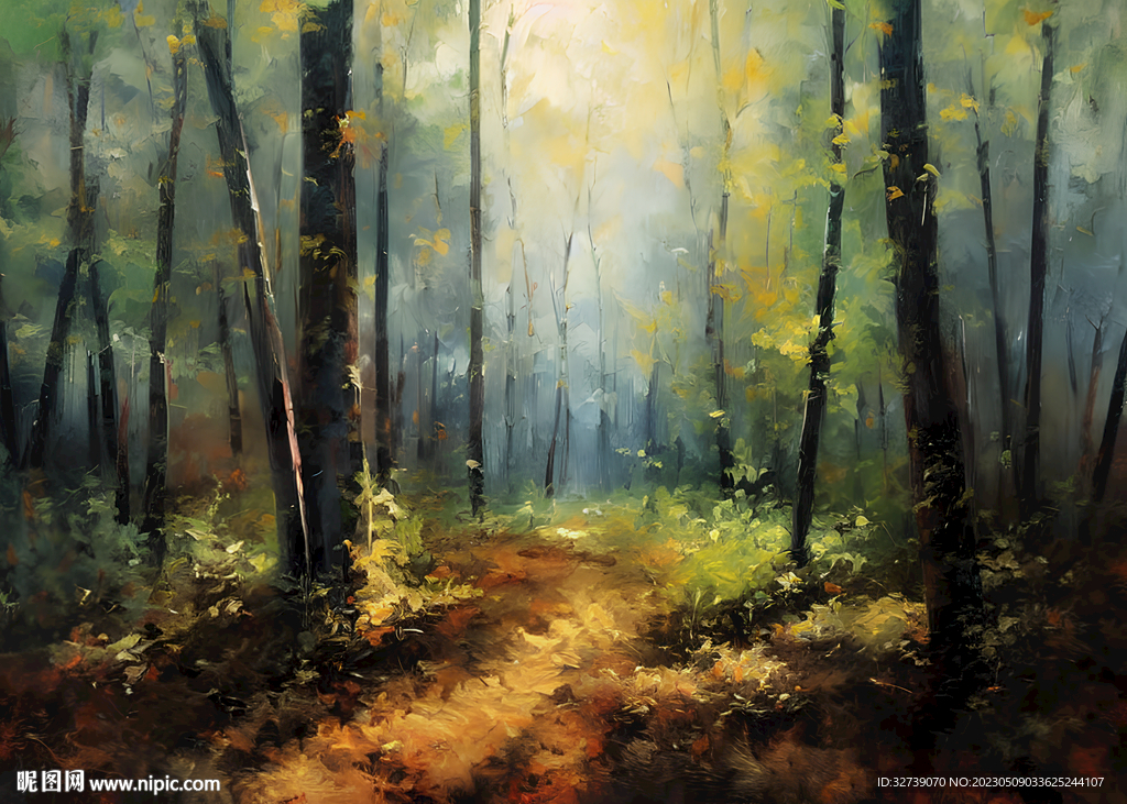 当代油画 洒满阳光的林间小路