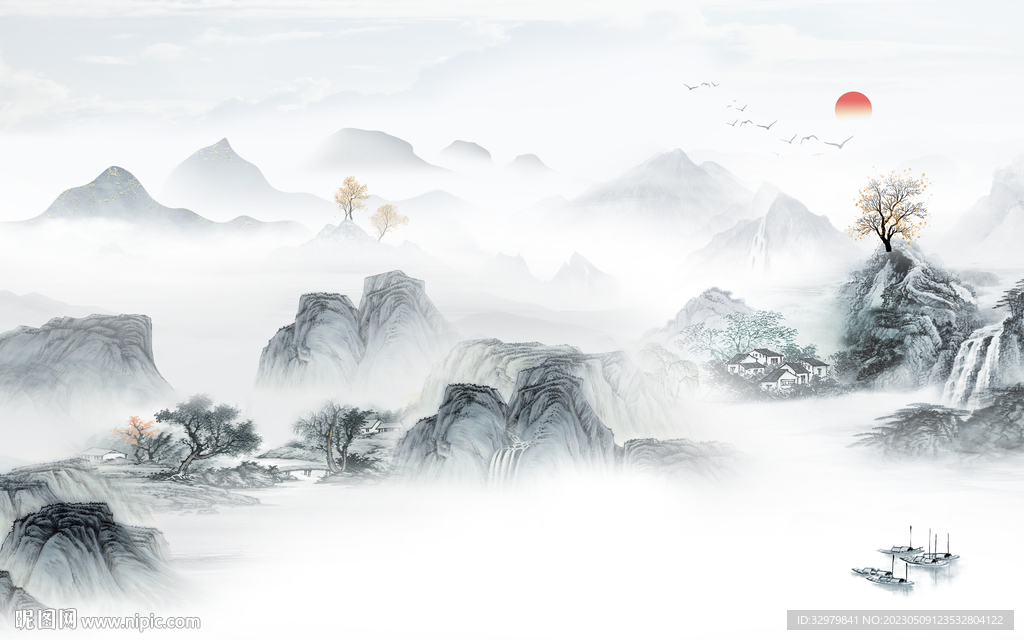 高端 极简中式山水 tif分层