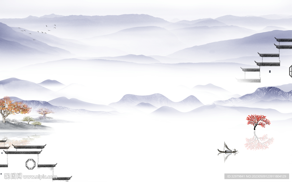 简约 极简中式山水 tif分层